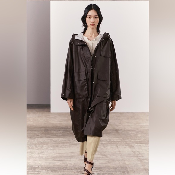 Zara Long Brown Burgundy Light Jacket High collar Drawstring Hood size XS-S NWT - Picture 2 of 16